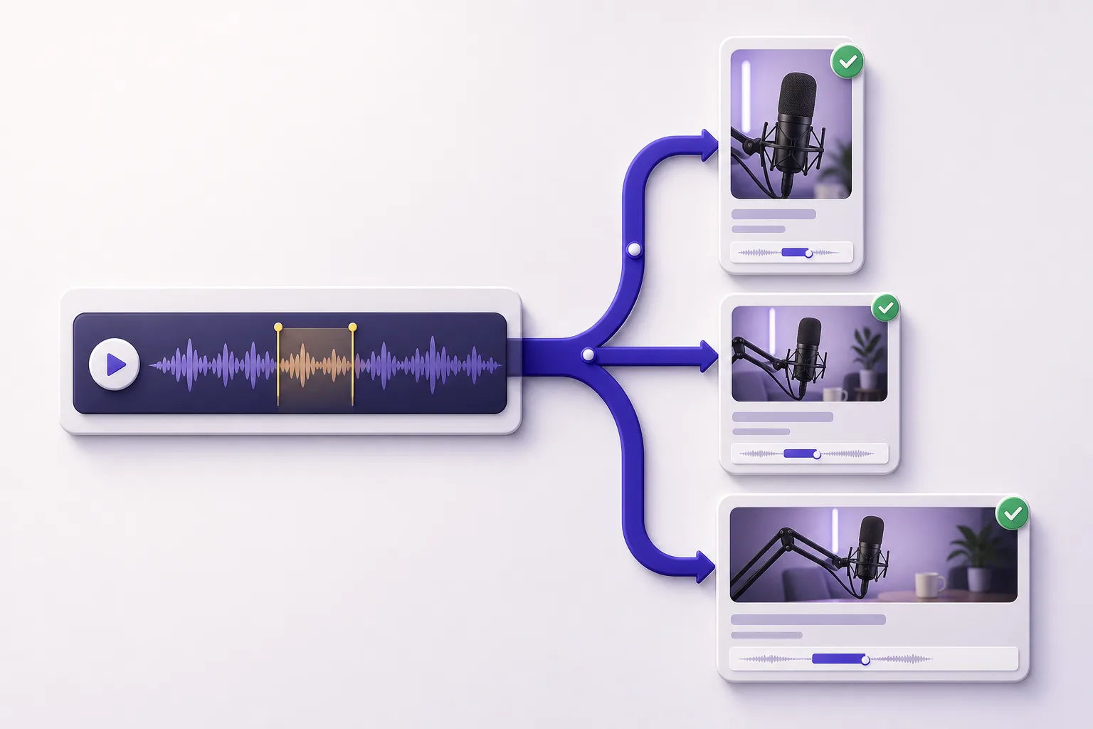 One podcast episode becoming vertical, square, and widescreen video clips.