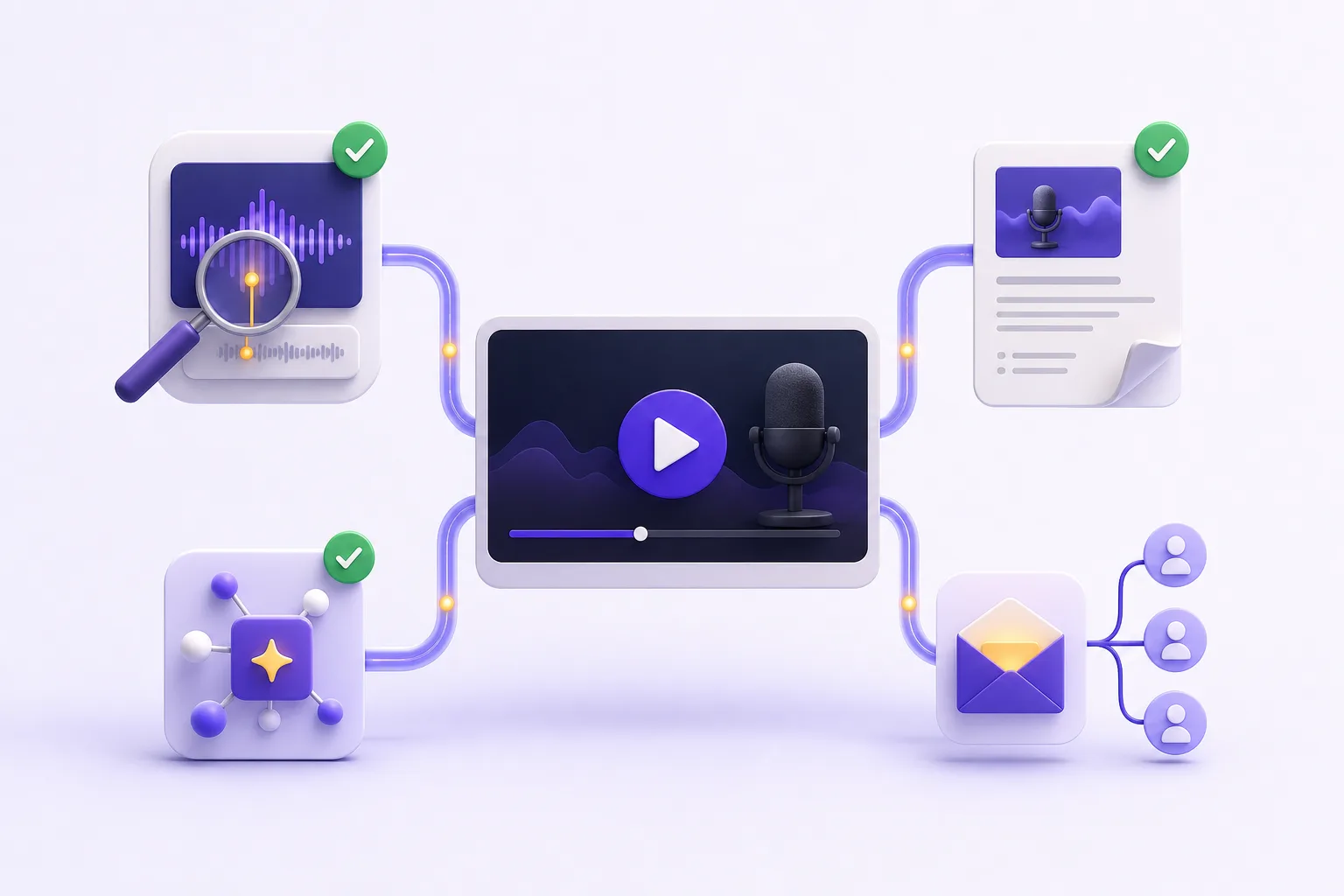 One YouTube episode branching into search, an episode page, an AI citation, and subscriber email.